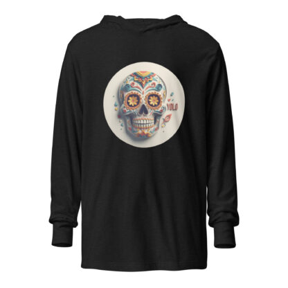 Grunge Papercraft Calavera Shirt | "YOLO" Day of the Dead Graphic Hooded Long-Sleeved Tee - Image 2