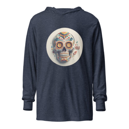Grunge Papercraft Calavera Shirt | "YOLO" Day of the Dead Graphic Hooded Long-Sleeved Tee - Image 4