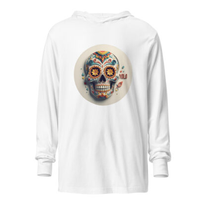 Grunge Papercraft Calavera Shirt | "YOLO" Day of the Dead Graphic Hooded Long-Sleeved Tee - Image 6