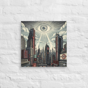 "Eye in the Sky" Canvas Print: Retrofuturistic Cityscape & Grunge Block Print Art
