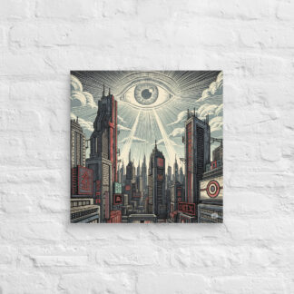 "Eye in the Sky" Canvas Print: Retrofuturistic Cityscape & Grunge Block Print Art