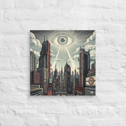 "Eye in the Sky" Canvas Print: Retrofuturistic Cityscape & Grunge Block Print Art